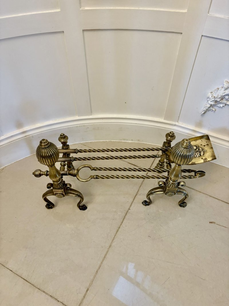 Set of Quality Antique Victorian Brass Fire Irons and Dogs